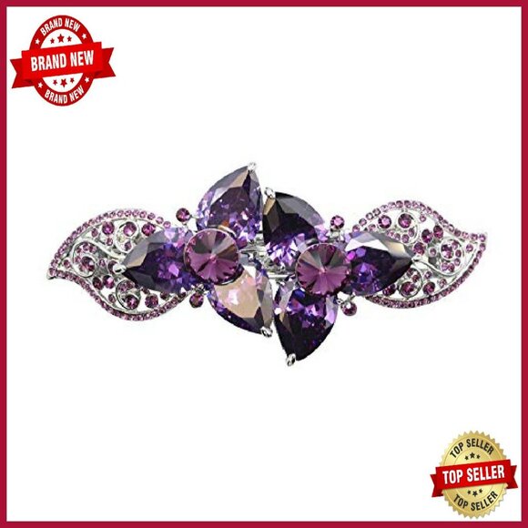 Large Floral Hair Barrette with CZ Crystals for Thick Hair